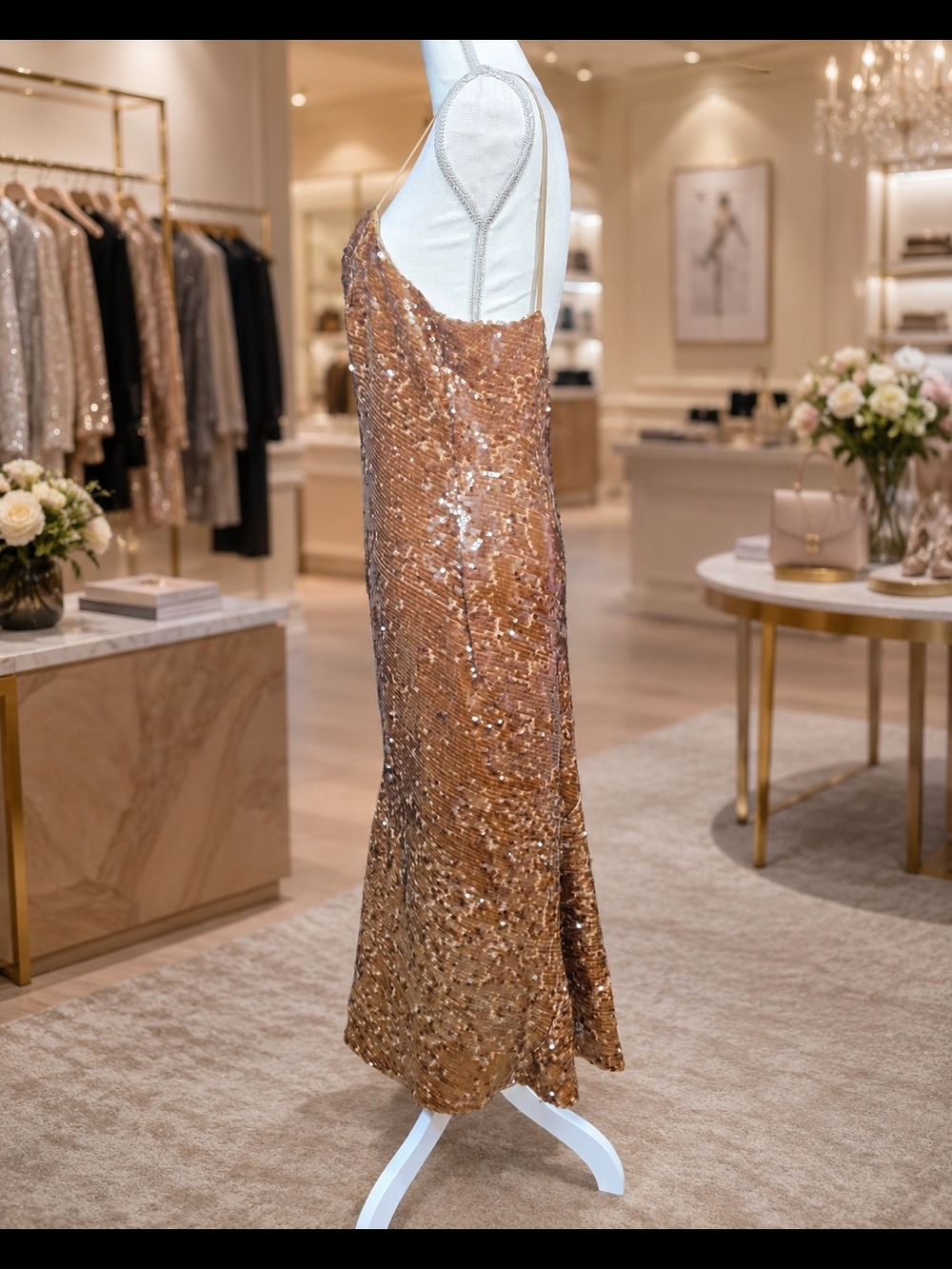 Halston Tobacco Bronze Sequin Midi Dress NWT Size 10 - Picture 5 of 8